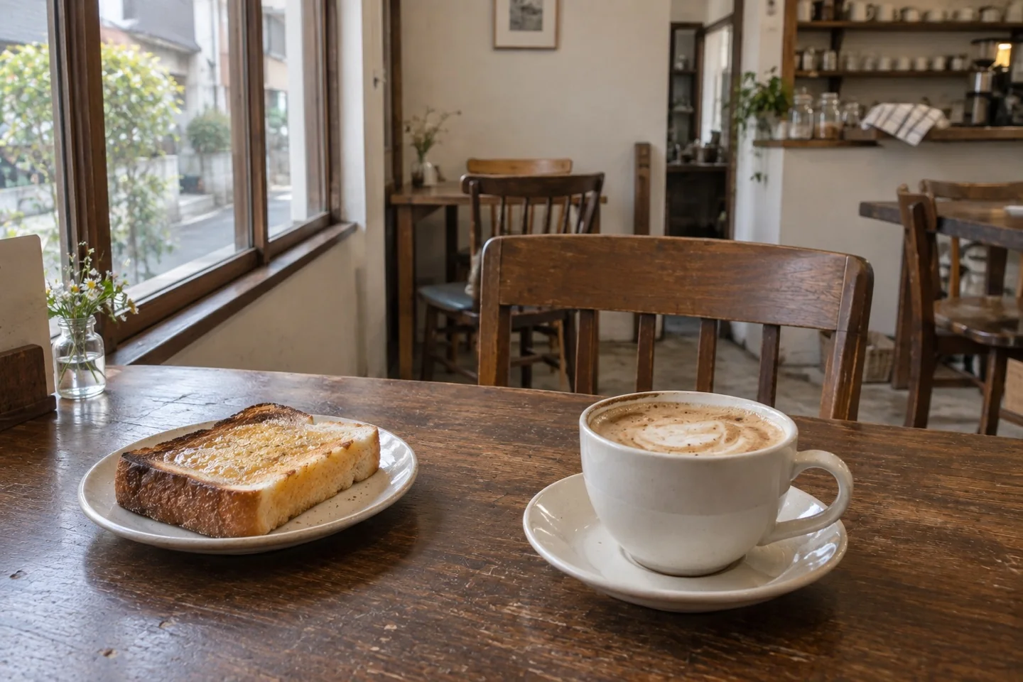木のテーブルにカプチーノとトーストが並ぶ、架空のカフェのイメージ